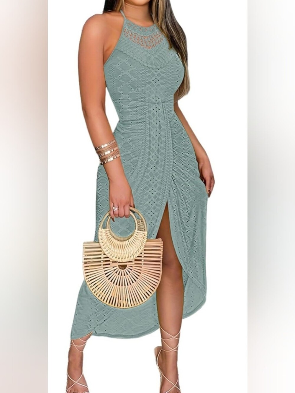 Chic Me Sleeveless Eyelet Maxi Dress in Sage Green